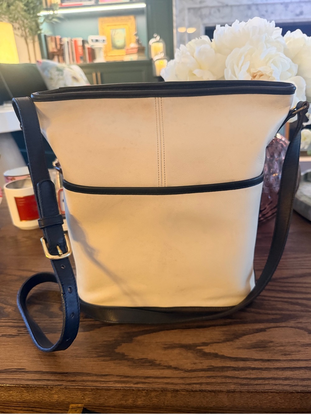Rare!  Fabulous Vintage Coach Cream With Black Leather Trim!